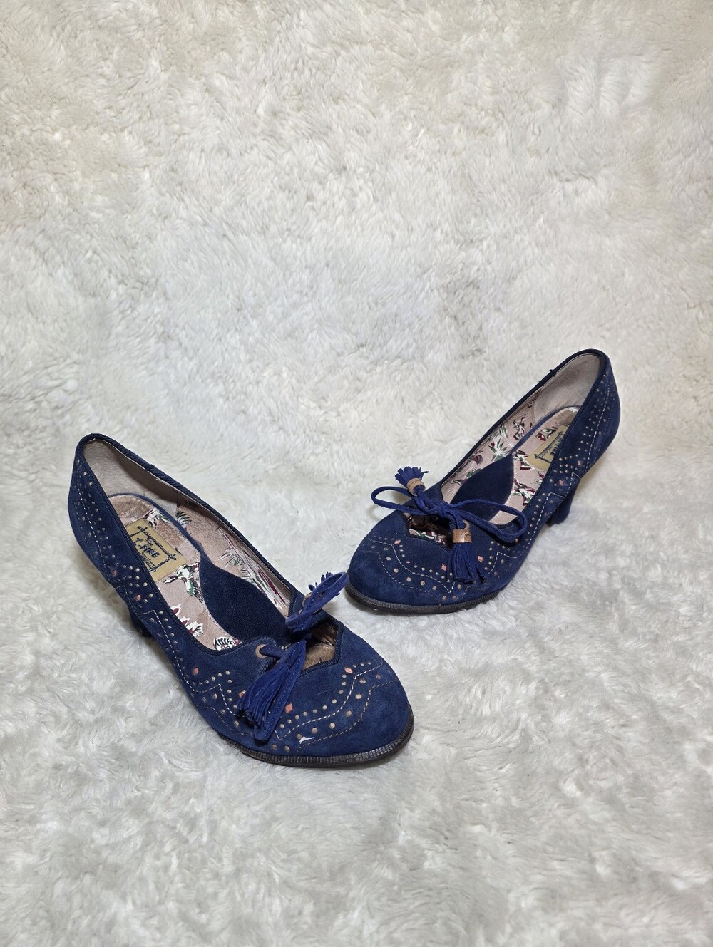 Miss L-Fire London Blue Suede Brogue Tassel Oxford Heels Retro Pinup Pumps 7.5